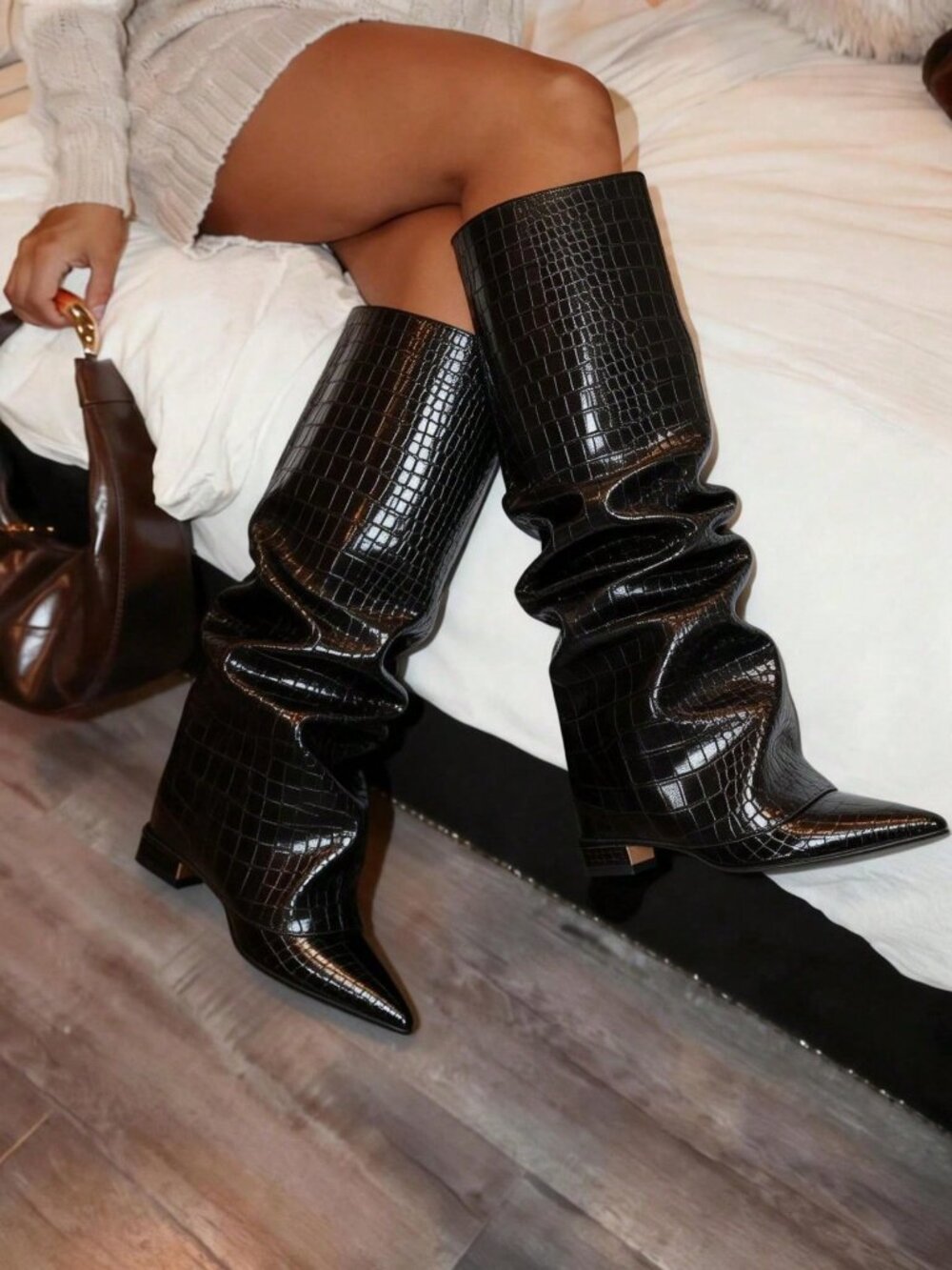 Black Texture Punk Women's Knee High Slouchy Chunky heel boots - Picture 1 of 11